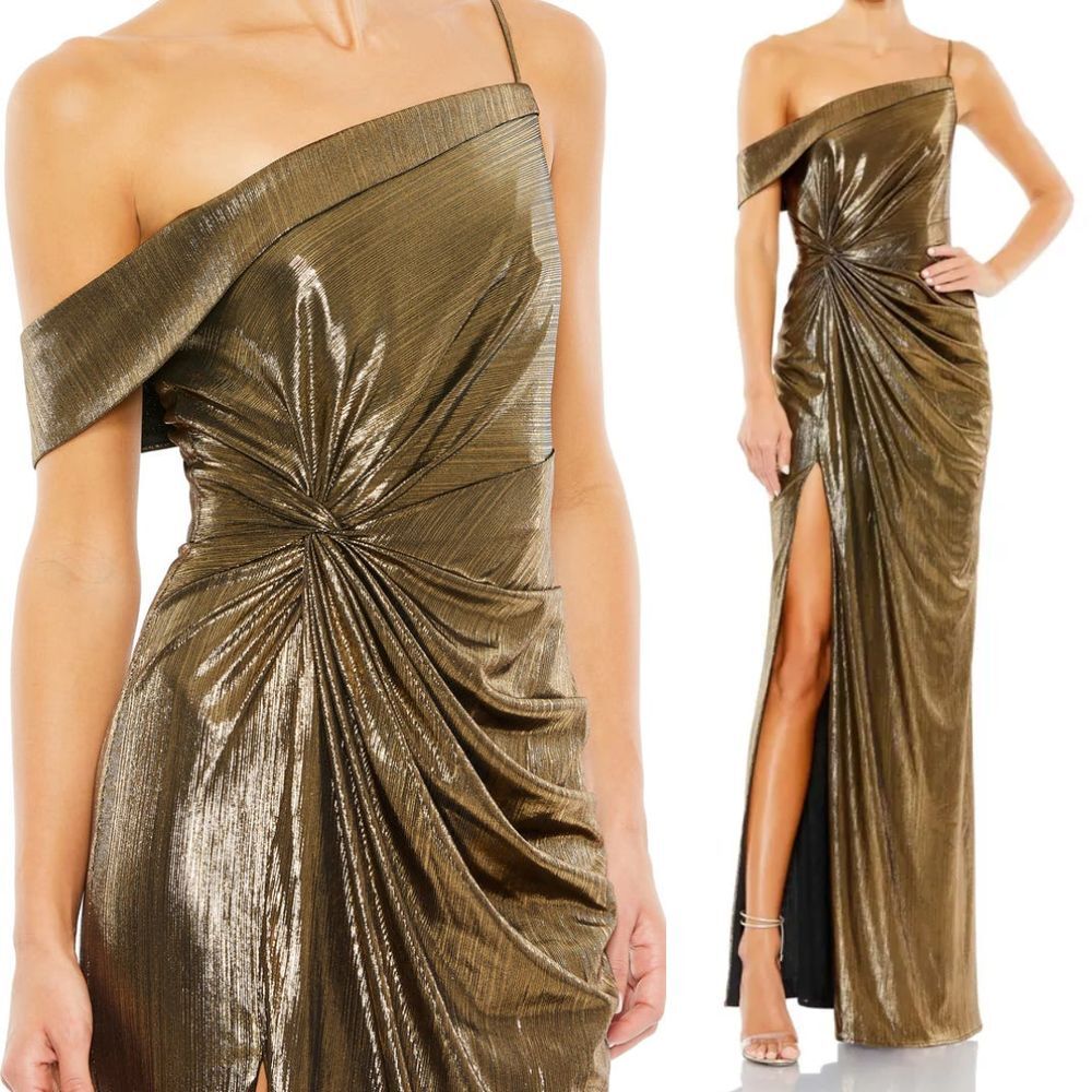 Mac Duggal Ieena NEW Gold Metallic Off The Shoulder Jersey Gown #26728 - Size 2